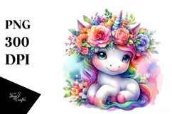 Unicorn with Floral Wreath, Bright PNG Product Image 1