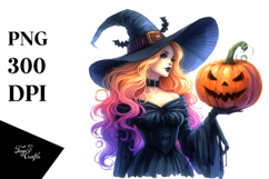 Vibrant Witch for Halloween with Pumpkin Drawing | Product Image 1