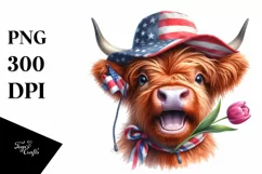 Enthusiastic Highland Cow Portrait with Sun Hat | Clipart Product Image 1