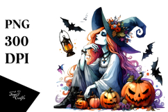 Vibrant Witch with Pumpkin Drawing | Sublimation | Clipart Product Image 1