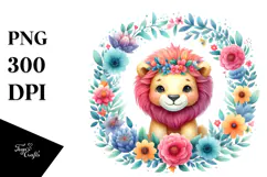 Vibrant Watercolor Cute Lion Floral Frame | Clipart Product Image 1