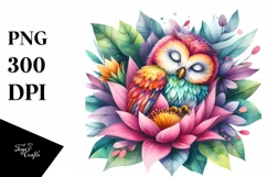 Watercolor Owl Sleeping in Flower's Petals | Clipart Product Image 3