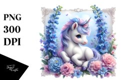 Cute Baby Unicorn with Delphinium Frame | Sublimation | Product Image 1