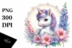 Cute Baby Unicorn with Delphinium Frame | Sublimation | Product Image 1
