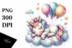 Cute Baby Unicorn Napping on Cloud with Balloons | Clipart Product Image 1
