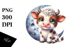Colorful Baby Highland Cow on Moon | Clipart Product Image 3