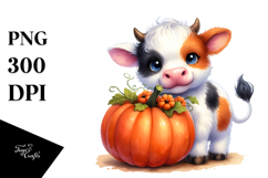 Cute Baby Cow with Pumpkin Watercolor PNG Product Image 1