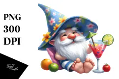 Whimsical Gnome Drinking a Cocktail in Summer, Transparent Product Image 1