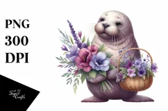 Cute Baby Walrus with Flower Basket Watercolor Clipart Product Image 1