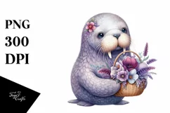 Cute Baby Walrus with Flower Basket Watercolor Clipart Product Image 3