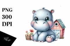 Funny Cute Baby Hippo with Barn | Sublimation | Clipart Product Image 3