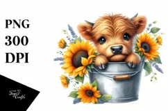 Cute Baby Highland Cow with Sunflower, Transparent PNG Product Image 1
