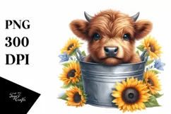 Cute Baby Highland Cow with Sunflower, Transparent PNG Product Image 1