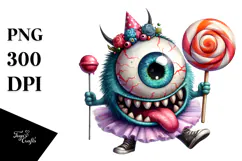 Funny Eyeball Monster with Lollipop, Watercolor Design Product Image 1