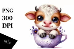 Cute Baby Cow with Violet in Cup PNG Product Image 1