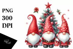 Watercolor Cute Red Christmas Gnomes Behind Tree PNG Product Image 1