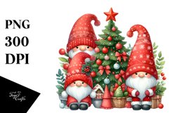 Watercolor Cute Red Christmas Gnomes Behind Tree PNG Product Image 1