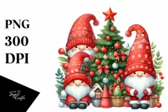 Watercolor Cute Red Christmas Gnomes Behind Tree PNG Product Image 1