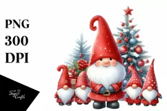 Watercolor Cute Red Christmas Gnomes Behind Tree PNG Product Image 1