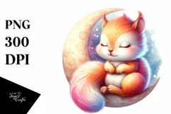 Colorful Baby Squirrel Sleeping Moon Watercolor | Clipart Product Image 1