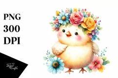 Adorned Cute Chicken with Flower Crown Watercolor Clipart Product Image 1