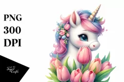 Cute Baby Unicorn with Tulip Sublimation Clipart Product Image 3