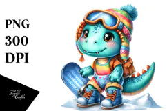 Smiling Baby Dinosaur on Snowboard PNG Product Image 1