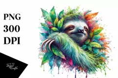 Abstract Vibrant Watercolor Sloth with Leaves and Splashes Product Image 1