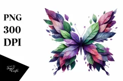 Abstract Vibrant Watercolor Butterfly with Leaves JPEG Product Image 1
