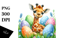Whimsical Baby Giraffe among Easter Eggs PNG Product Image 1