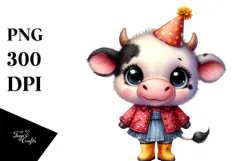 Cute Baby Cow with Party Hat Watercolor | Sublimation | Product Image 1