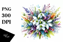 Vibrant Colorful Watercolor Buquet with Snowdrop Product Image 1