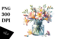 Watercolor Jar Filled with Large Freesia | Clipart Product Image 1