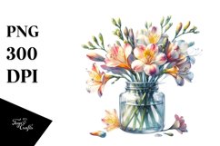 Watercolor Jar Filled with Large Freesia | Clipart Product Image 1