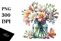 Watercolor Jar Filled with Large Freesia | Clipart Product Image 1