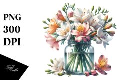 Watercolor Jar Filled with Large Freesia | Clipart Product Image 3