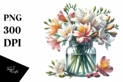Watercolor Jar Filled with Large Freesia | Clipart Product Image 3