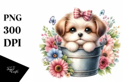 Cute Baby Dog in Bucket with Flowers Product Image 3