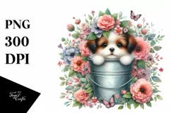 Cute Baby Dog in Bucket with Flowers Product Image 1
