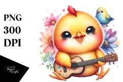 Vibrant Smiling Baby Chicken with Tiny Guitar Product Image 1