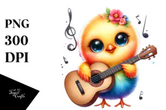 Cute Baby Chicken Playing Guitar, PNG Product Image 1
