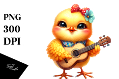 Vibrant Smiling Baby Chicken with Tiny Guitar Product Image 1