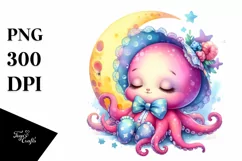 Cute Baby Octopus on Moon with Floral Ornament | Sublimation Product Image 4