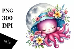 Cute Baby Octopus on Moon with Floral Ornament | Sublimation Product Image 4