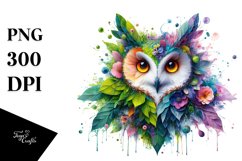 Abstract Vibrant Watercolor Owl with Flowers and Leaves Product Image 3