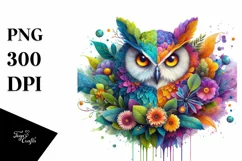 Abstract Vibrant Watercolor Owl with Flowers and Leaves Product Image 1
