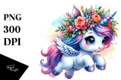 Cute Baby Unicorn Jumping with Floral Wreath PNG Product Image 1