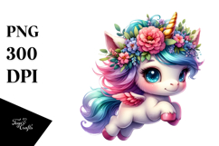 Cute Baby Unicorn Jumping with Floral Wreath PNG Product Image 1