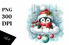 Watercolor Cute Whimsical Penguin with Christmas Ornaments Product Image 1