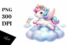 Colorful Baby Unicorn Bouncing on Cloud PNG Product Image 1